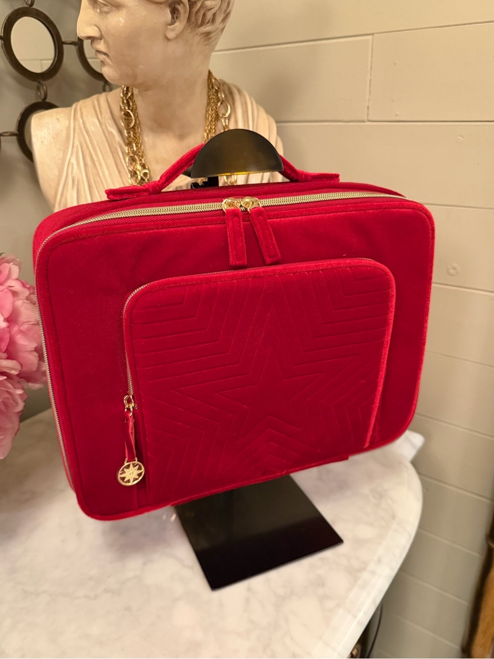 Estee Lauder Red Quilted Velvet Cosmetic zipper Case with Gold Hardware